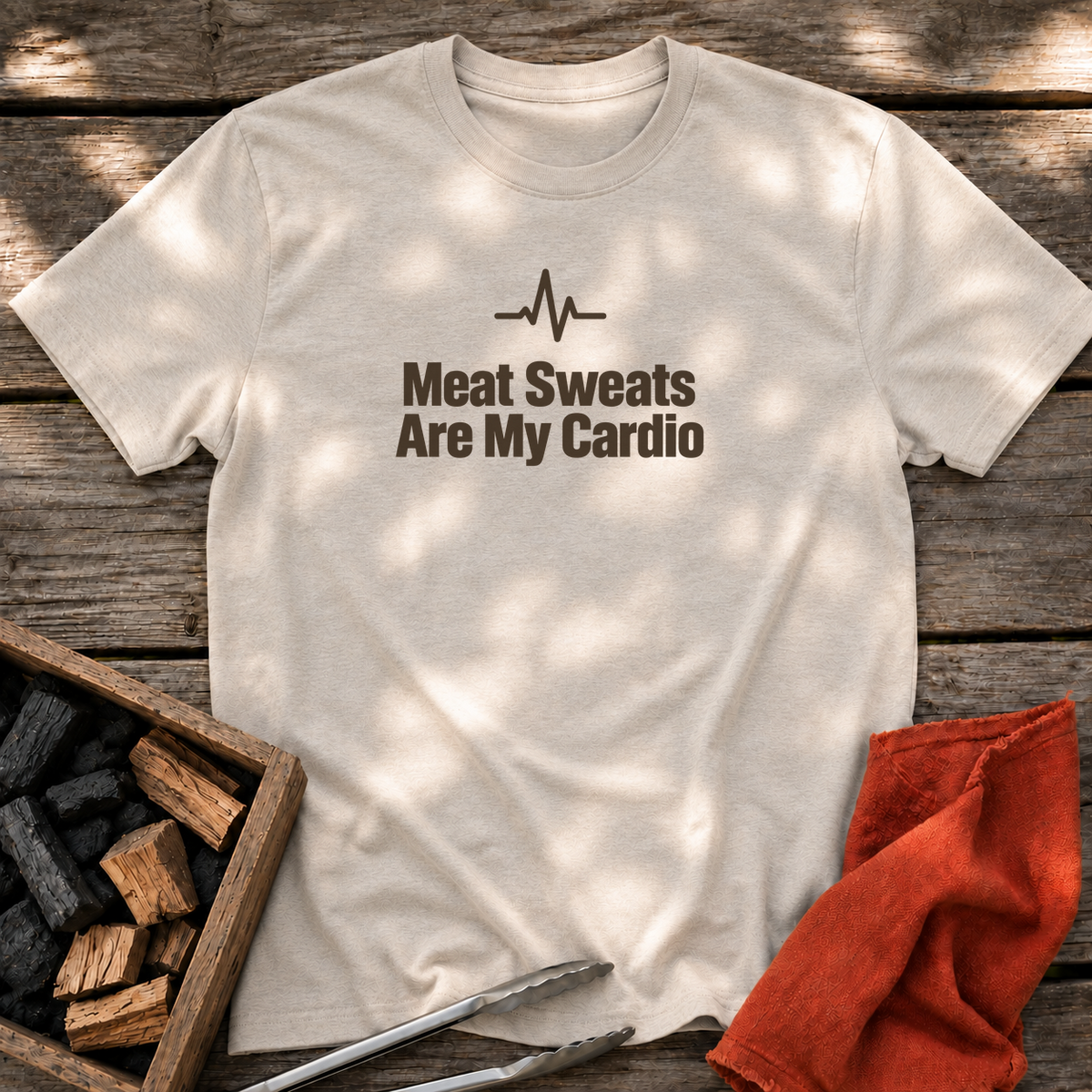 Natural T-shirt with the design “Meat Sweats Are My Cardio” printed on the front.