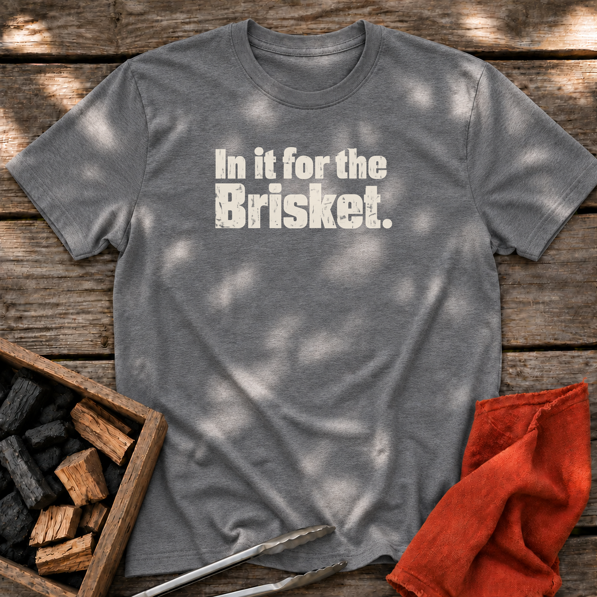 Graphite Heather T-shirt with the design “In it for the Brisket.” printed on the front.