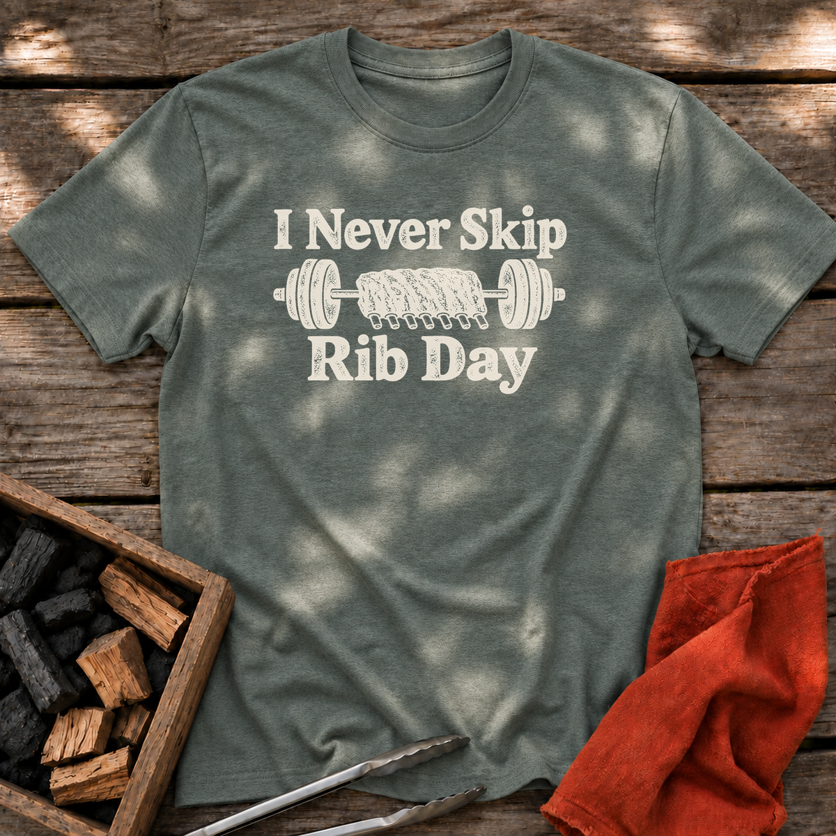 Heather Military Green T-shirt with the design “I Never Skip Rib Day” printed on the front.