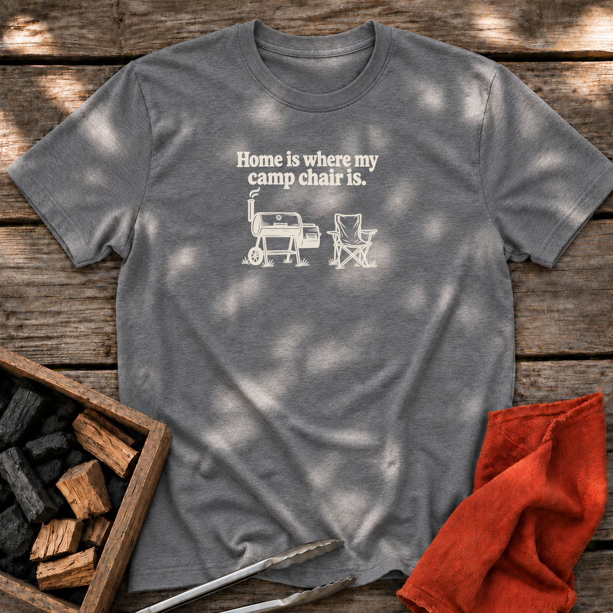 Graphite Heather T-shirt with the design “Home is where my camp chair is.” printed on the front.
