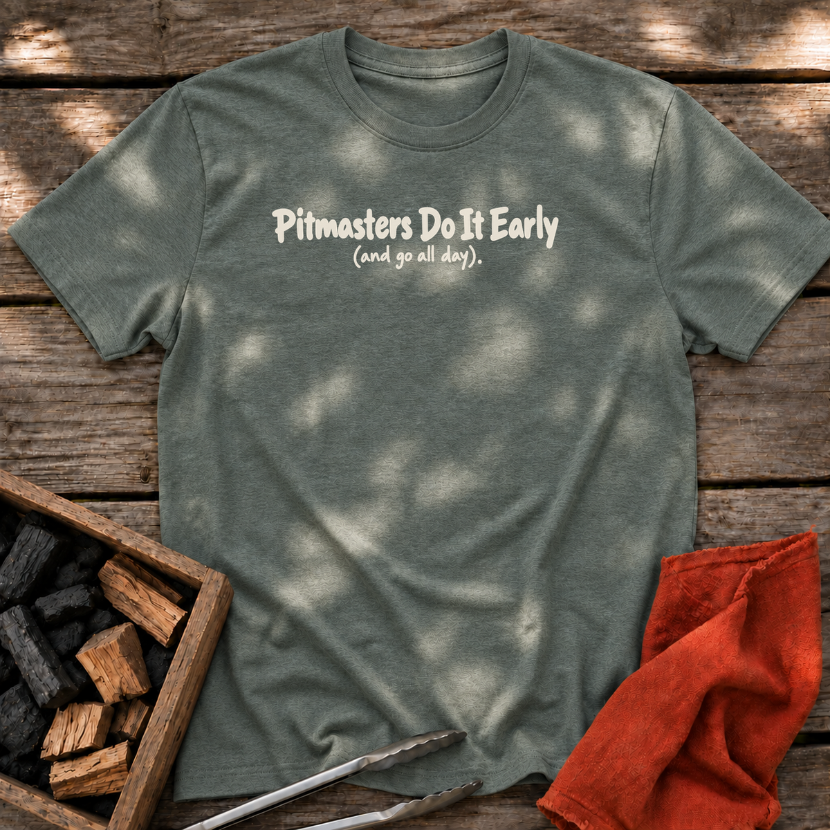 Heather Military Green T-shirt with the design “Pitmasters Do It Early (and go all day).” printed on the front.
