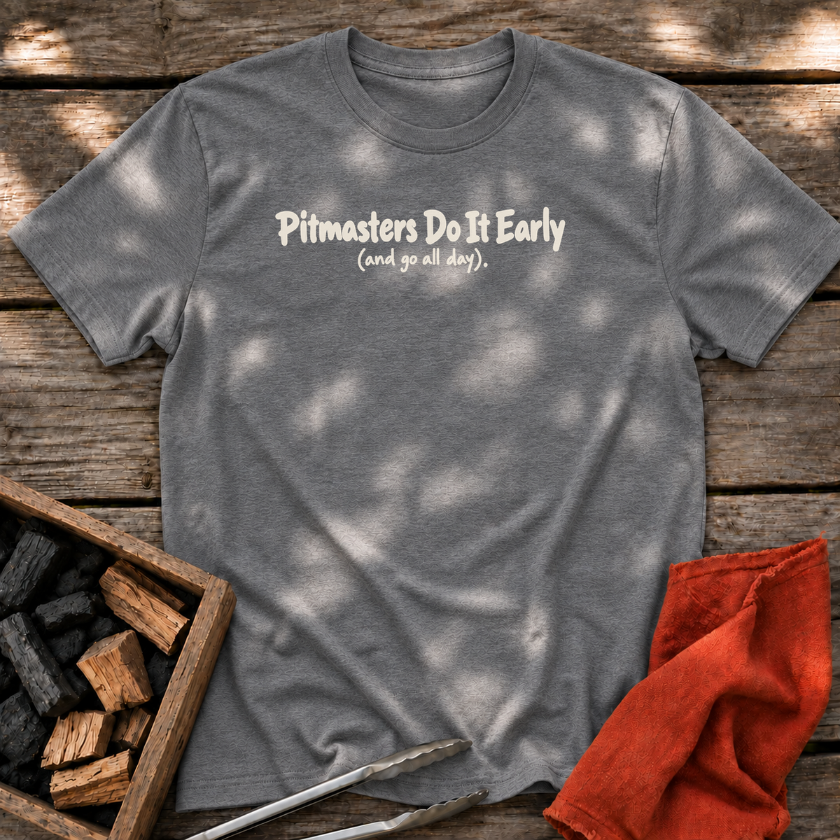 Graphite Heather T-shirt with the design “Pitmasters Do It Early (and go all day).” printed on the front.