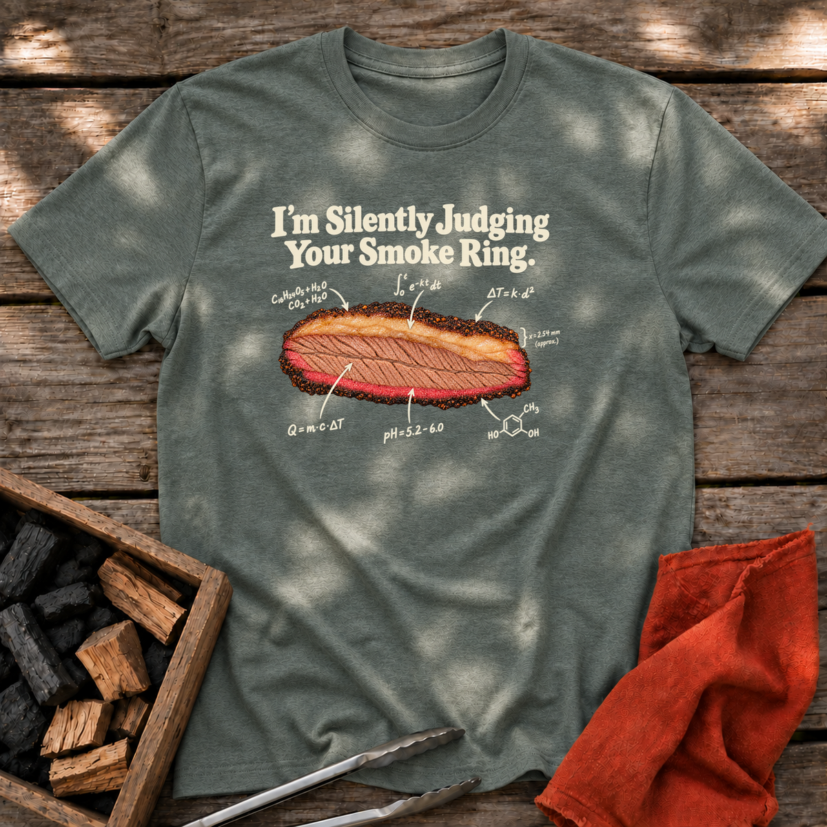 Heather Military Green T-shirt with the design “I’m Silently Judging Your Smoke Ring.” printed on the front.