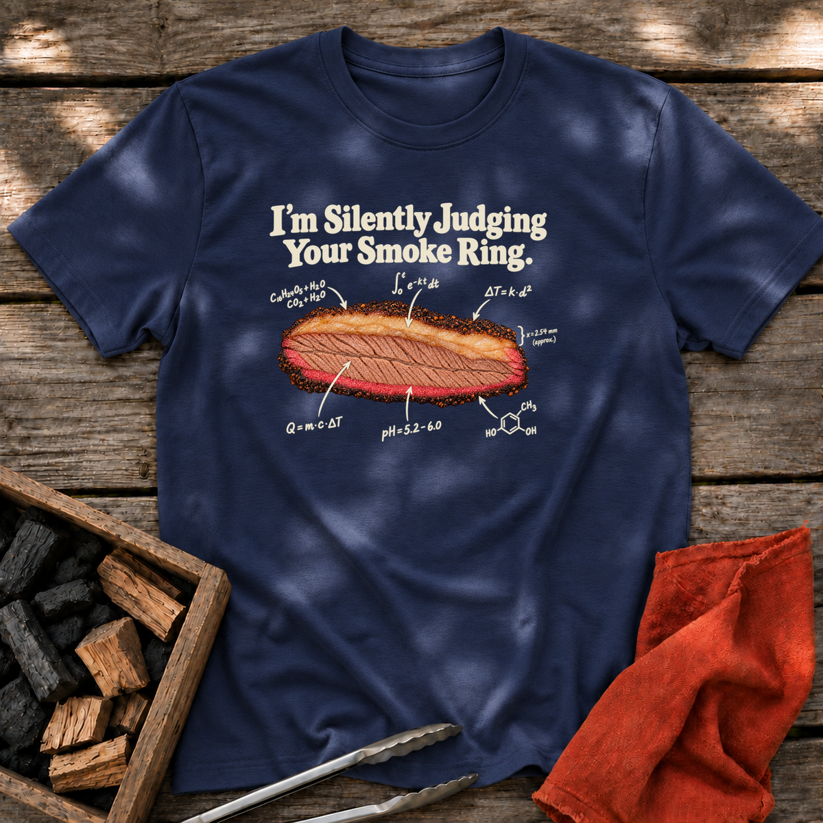 Navy T-shirt with the design “I’m Silently Judging Your Smoke Ring.” printed on the front.
