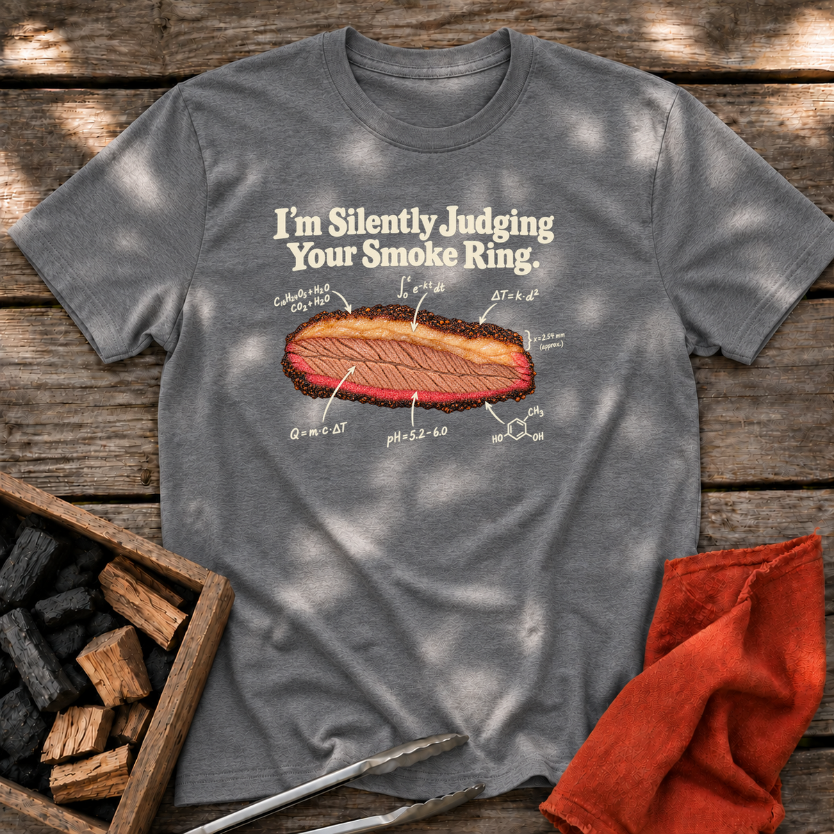 Graphite Heather T-shirt with the design “I’m Silently Judging Your Smoke Ring.” printed on the front.