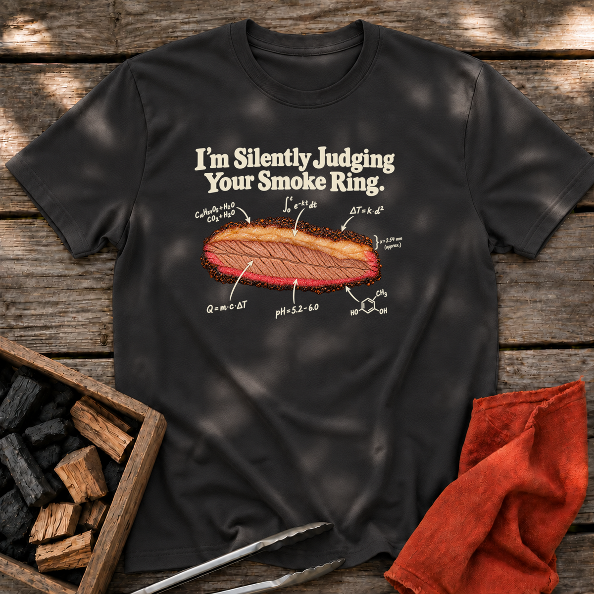 Black T-shirt with the design “I’m Silently Judging Your Smoke Ring.” printed on the front.