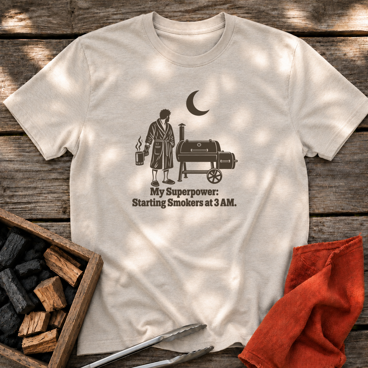 Natural T-shirt with the design “My Superpower: Starting Smokers at 3 AM.” printed on the front.