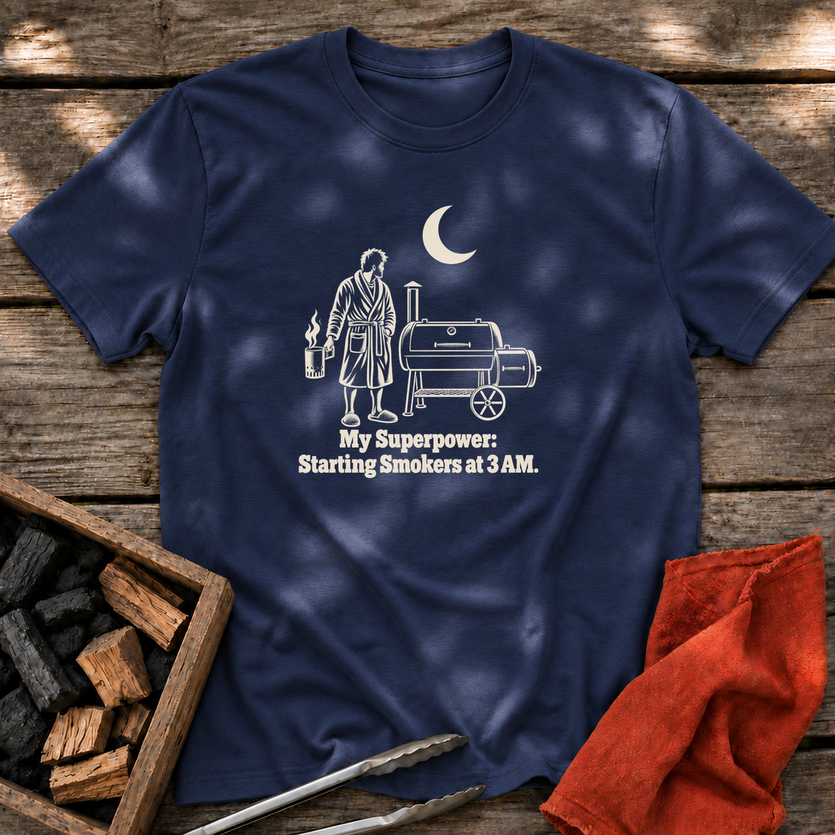 Navy T-shirt with the design “My Superpower: Starting Smokers at 3 AM.” printed on the front.