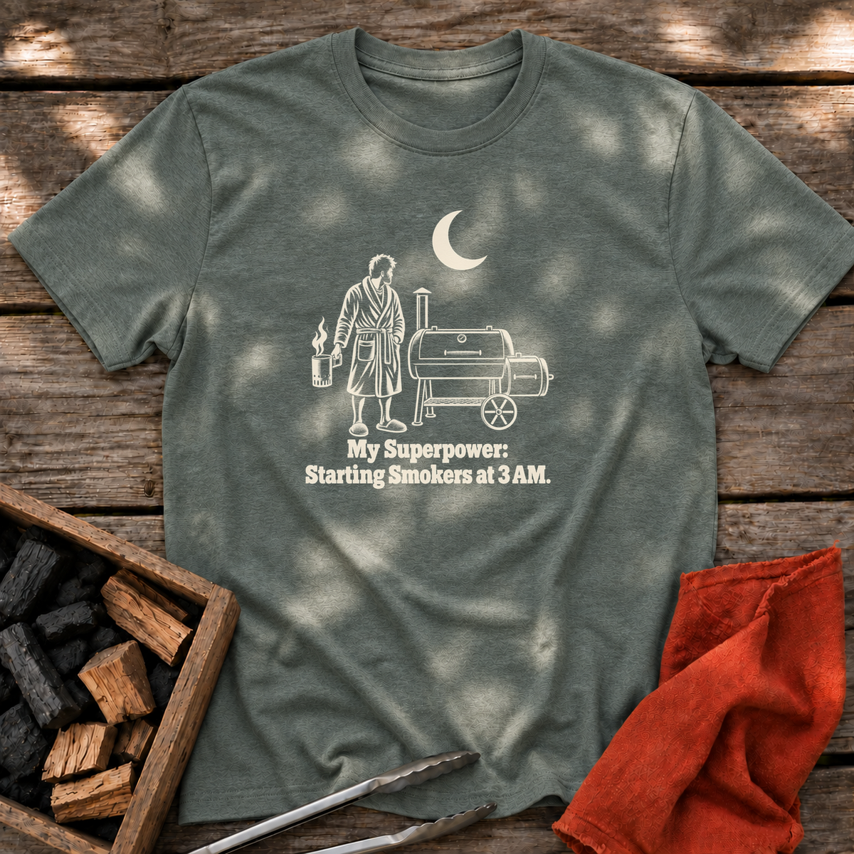 Heather Military Green T-shirt with the design “My Superpower: Starting Smokers at 3 AM.” printed on the front.