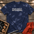 Navy T-shirt with the design “Socially Awkward, But Try My Brisket” printed on the front.