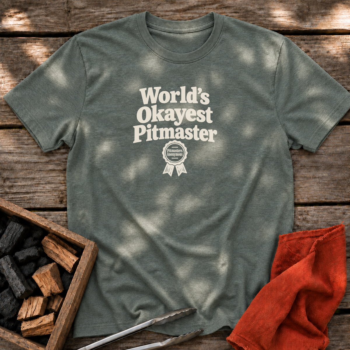 Heather Military Green T-shirt with the design “World’s Okayest Pitmaster” printed on the front.