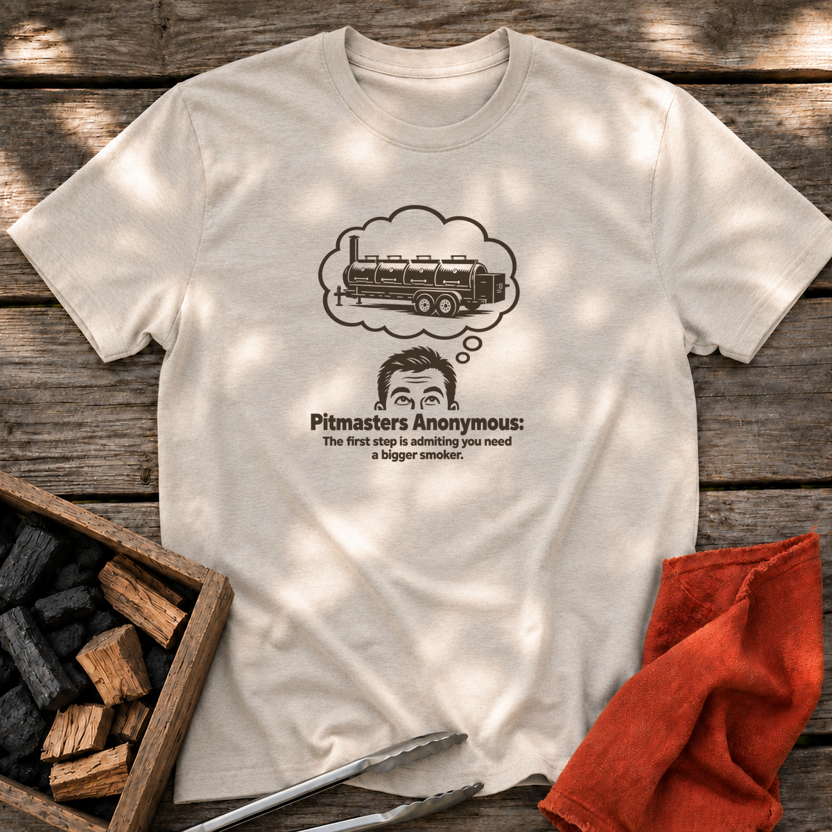 Natural T-shirt with the design “Pitmasters Anonymous: The first step is admitting you need a bigger smoker.” printed on the front.