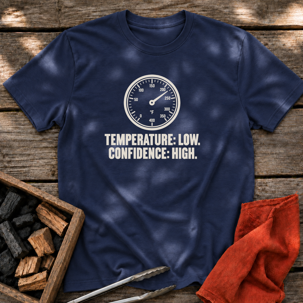 Navy T-shirt with the design “TEMPERATURE: LOW. CONFIDENCE: HIGH.” printed on the front.