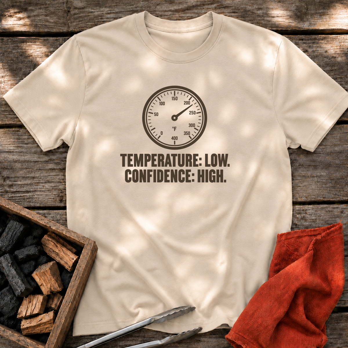 Sand T-shirt with the design “TEMPERATURE: LOW. CONFIDENCE: HIGH.” printed on the front.