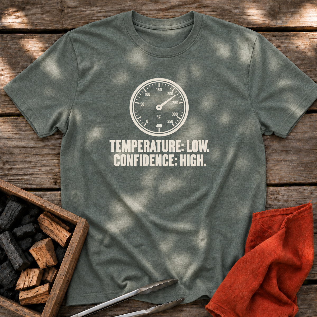 Heather Military Green T-shirt with the design “TEMPERATURE: LOW. CONFIDENCE: HIGH.” printed on the front.