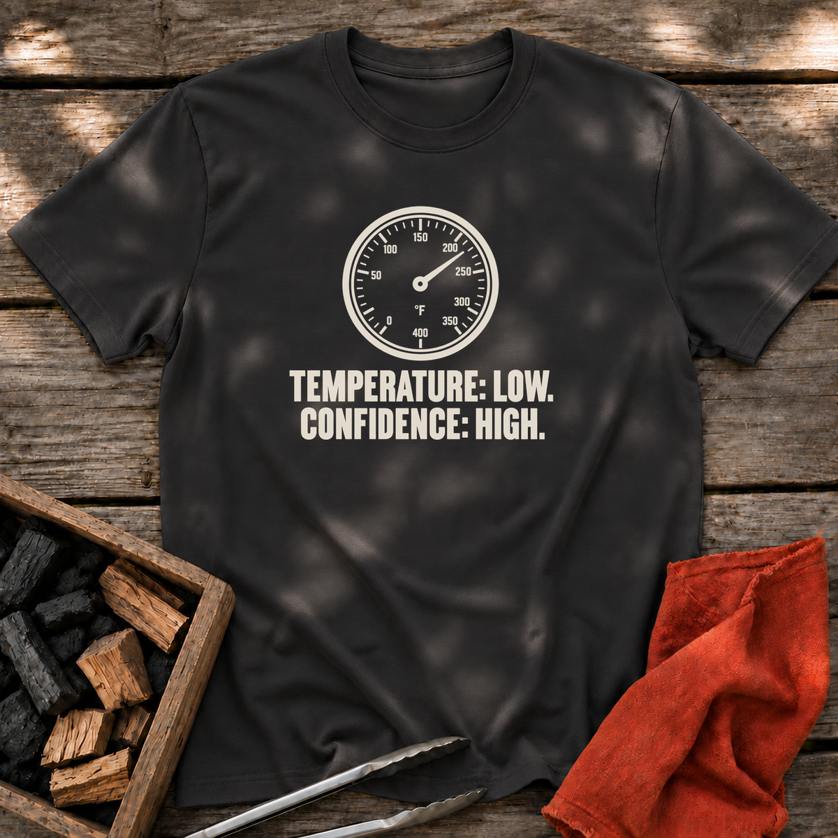 Black T-shirt with the design “TEMPERATURE: LOW. CONFIDENCE: HIGH.” printed on the front.