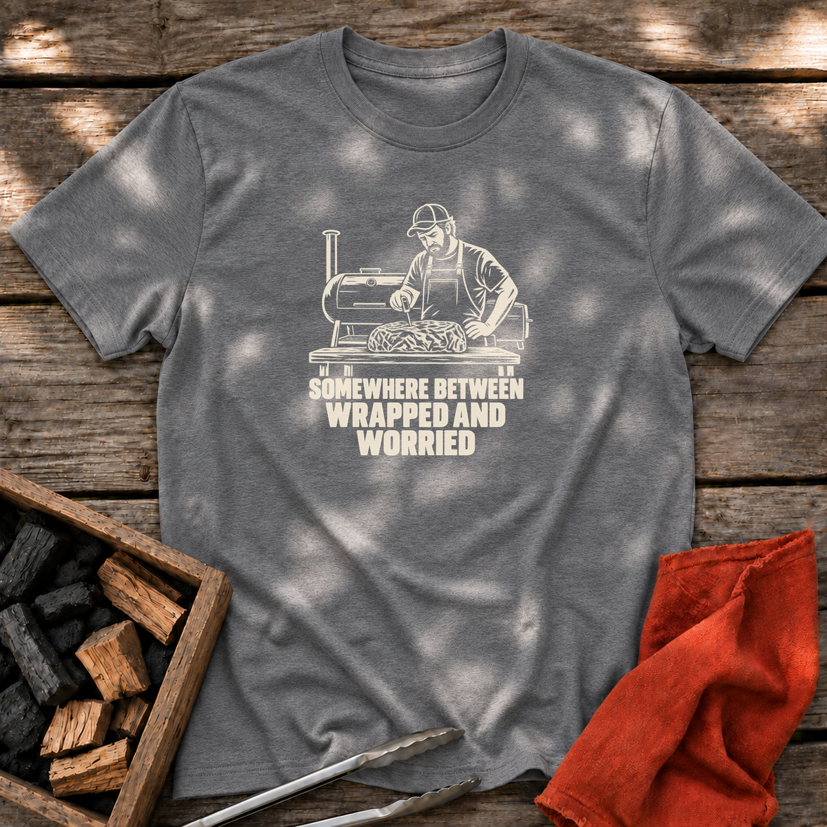 Graphite Heather T-shirt with the design “SOMEWHERE BETWEEN WRAPPED AND WORRIED” printed on the front.