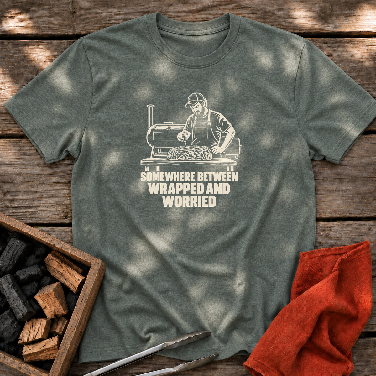 Heather Military Green T-shirt with the design “SOMEWHERE BETWEEN WRAPPED AND WORRIED” printed on the front.