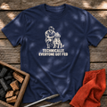 Navy T-shirt with the design “TECHNICALLY, EVERYONE GOT FED” printed on the front.