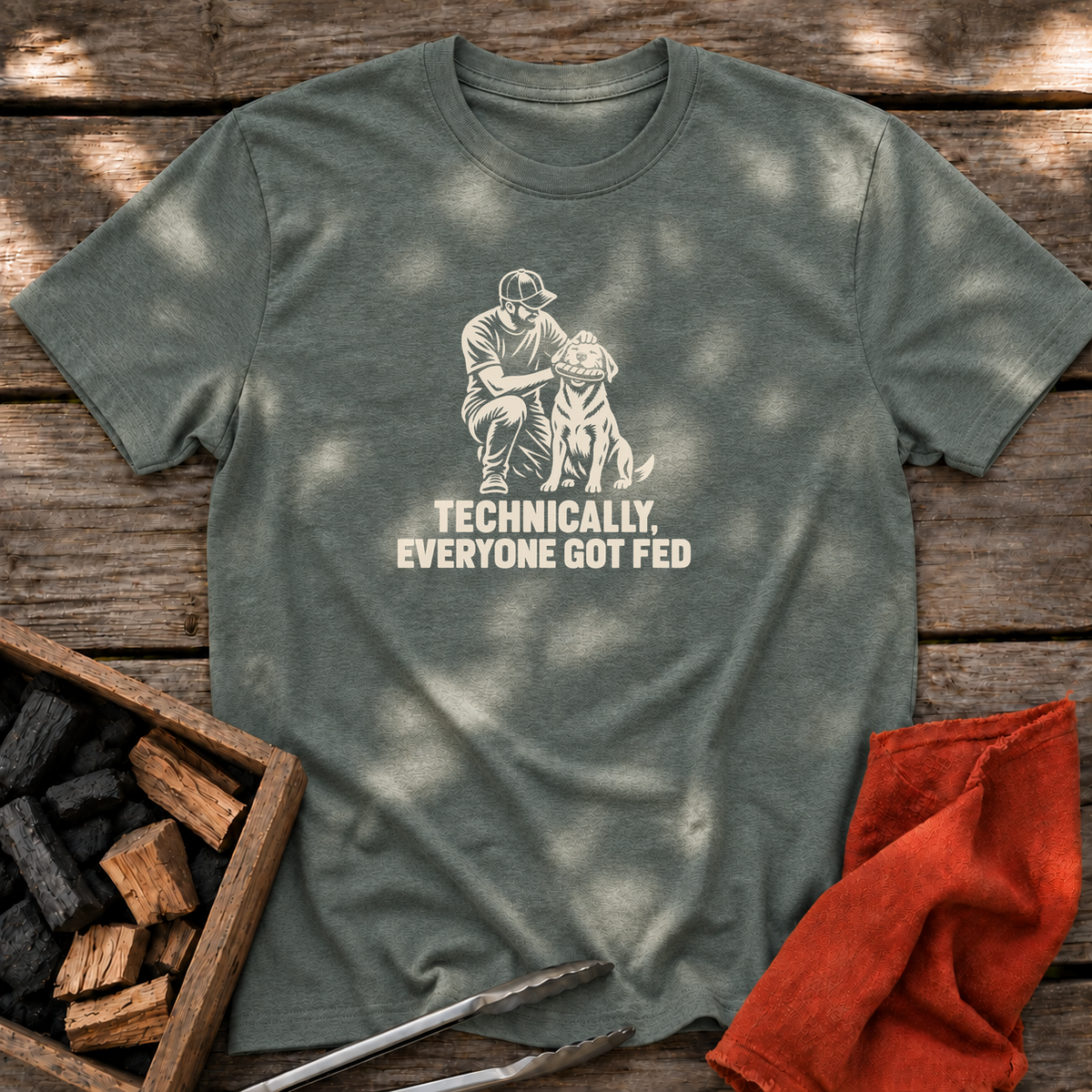 Heather Military Green T-shirt with the design “TECHNICALLY, EVERYONE GOT FED” printed on the front.