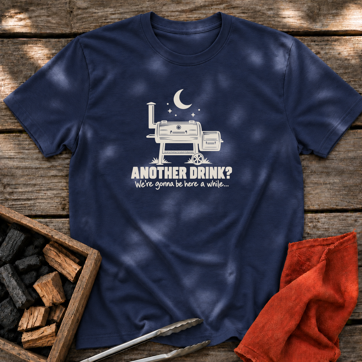 Navy T-shirt with the design “Another drink? We're gonna be here a while...” printed on the front.