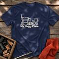 Navy T-shirt with the design “My Happy Place” printed on the front.