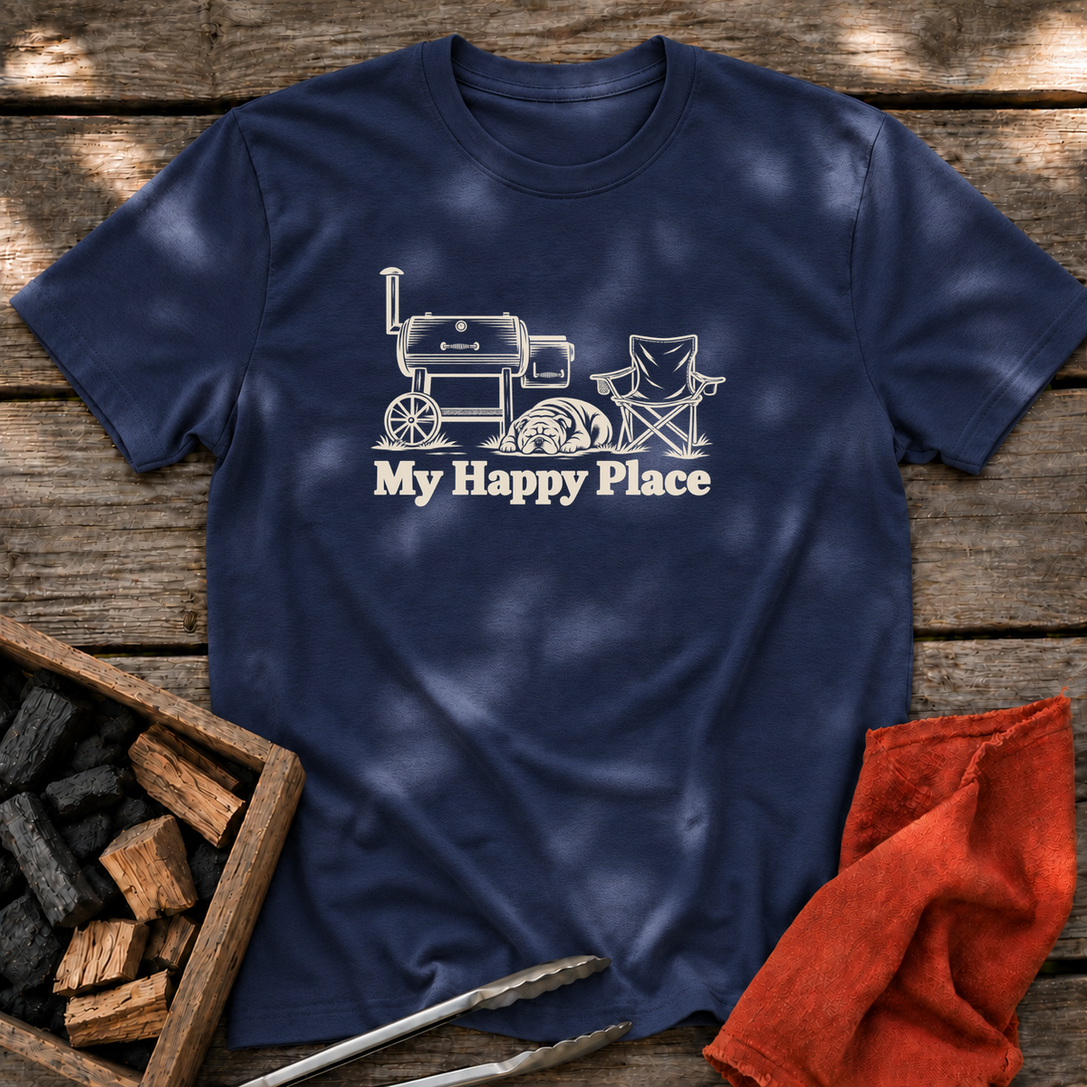Navy T-shirt with the design “My Happy Place” printed on the front.