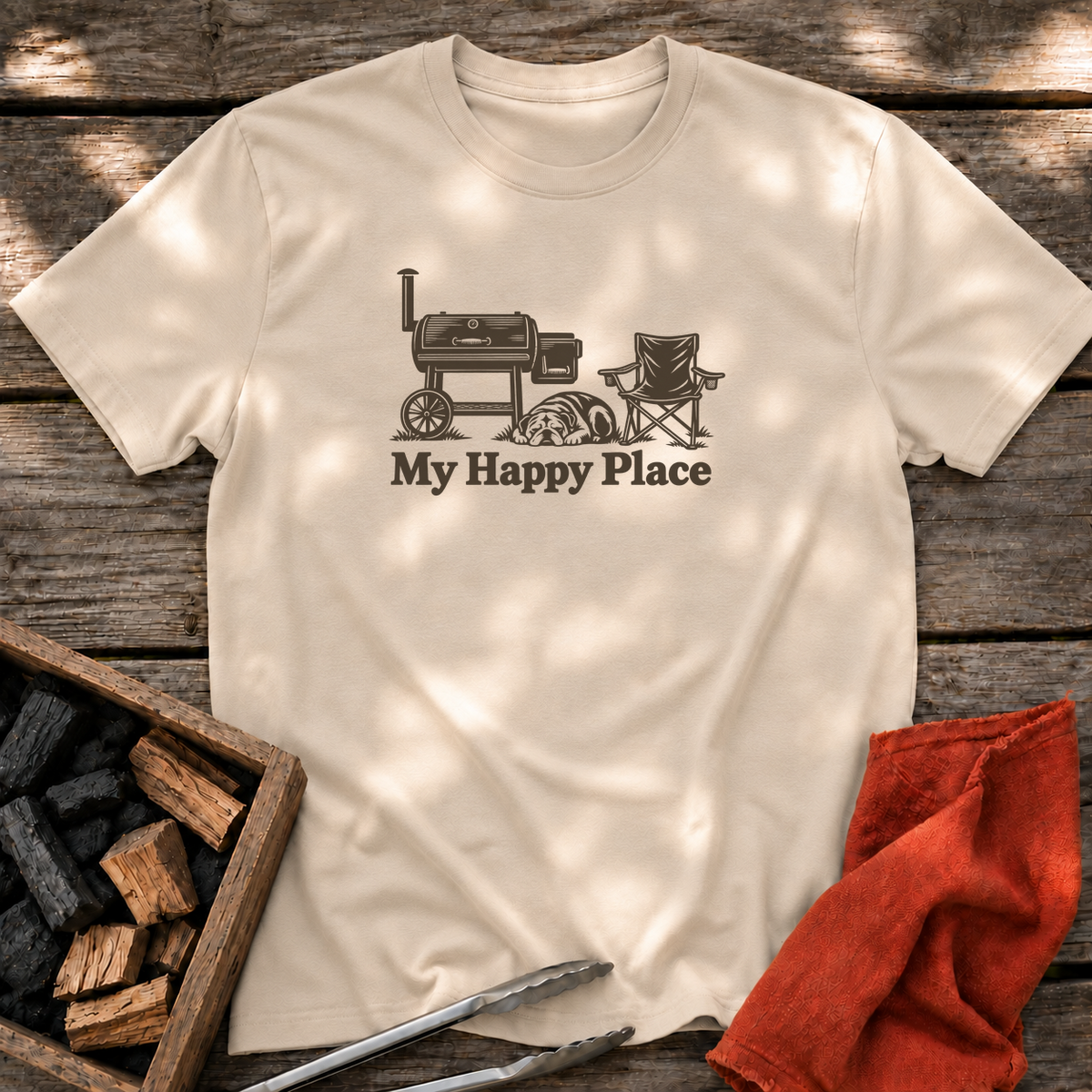Sand T-shirt with the design “My Happy Place” printed on the front.