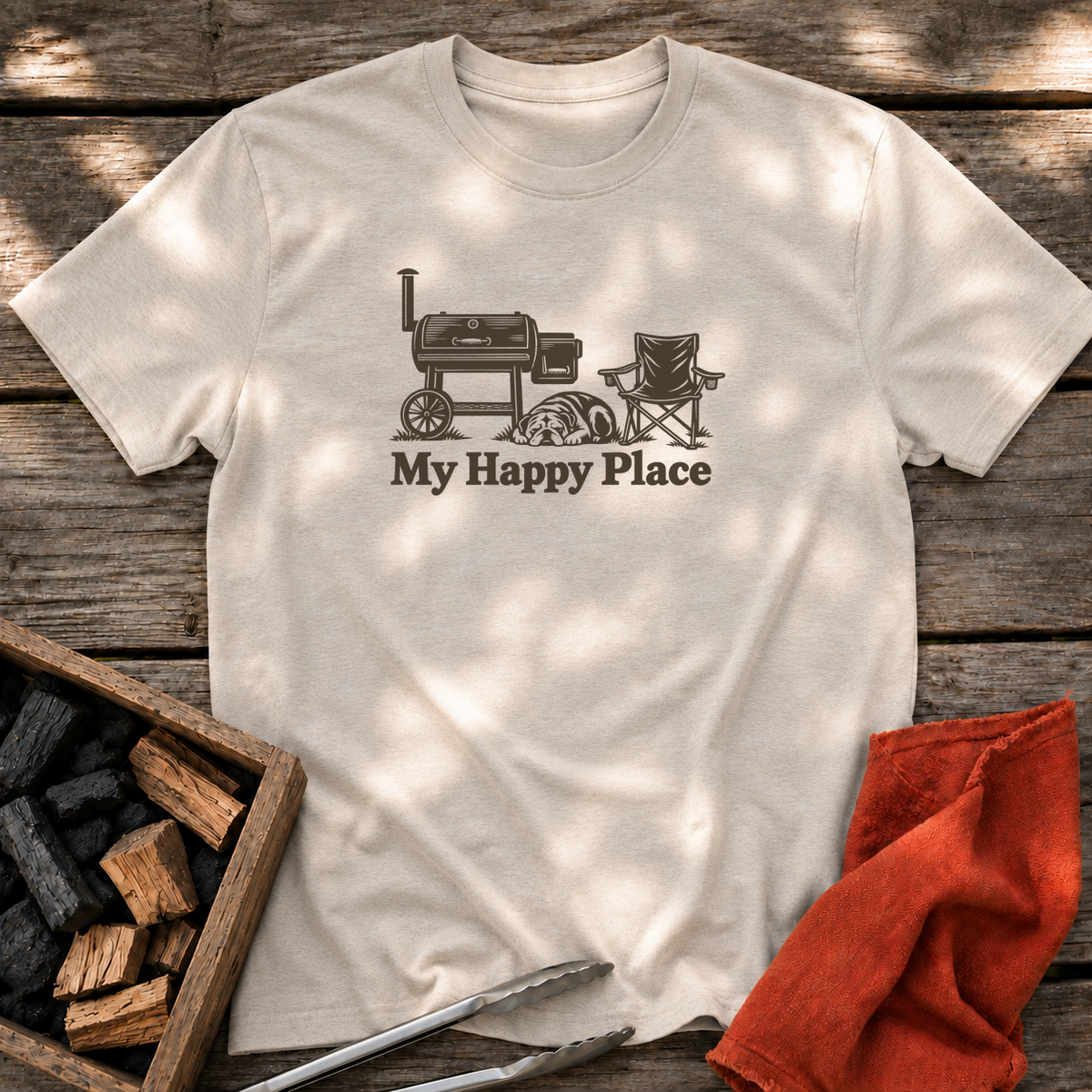 Natural T-shirt with the design “My Happy Place” printed on the front.