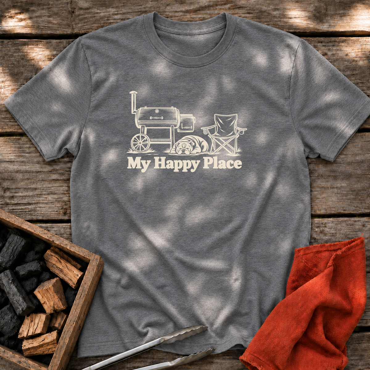 Graphite Heather T-shirt with the design “My Happy Place” printed on the front.