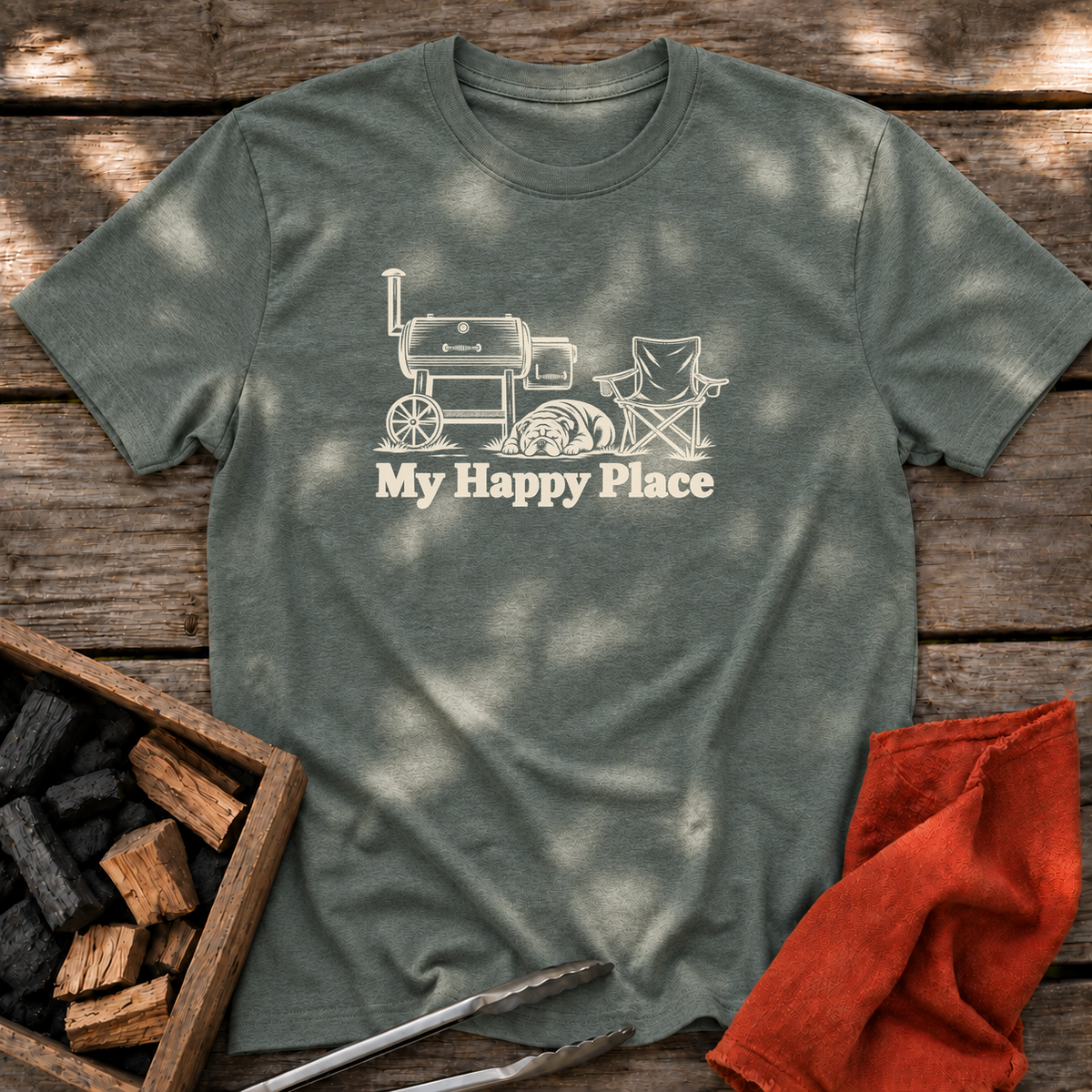 Heather Military Green T-shirt with the design “My Happy Place” printed on the front.