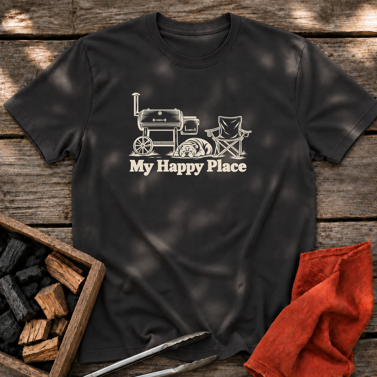 Black T-shirt with the design “My Happy Place” printed on the front.