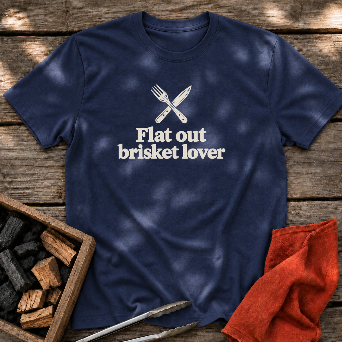 Navy T-shirt with the design “Flat out brisket lover” printed on the front.