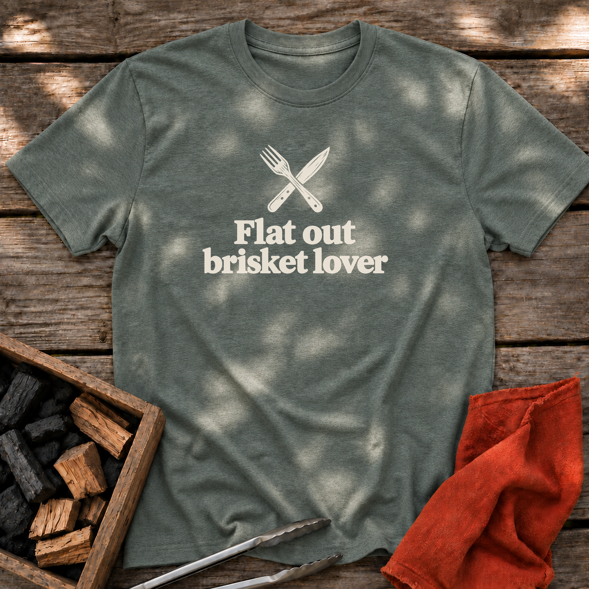 Heather Military Green T-shirt with the design “Flat out brisket lover” printed on the front.