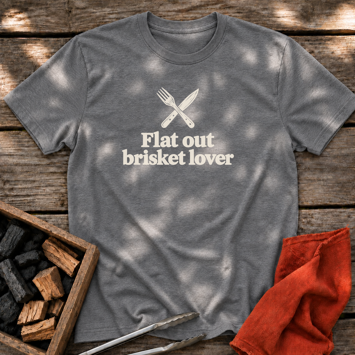 Graphite Heather T-shirt with the design “Flat out brisket lover” printed on the front.
