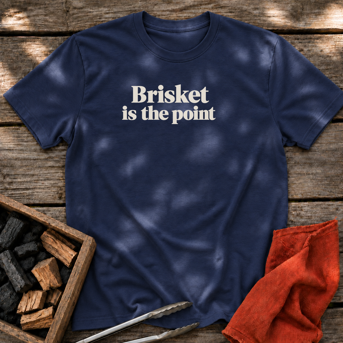 Navy T-shirt with the design “Brisket is the point.” printed on the front.
