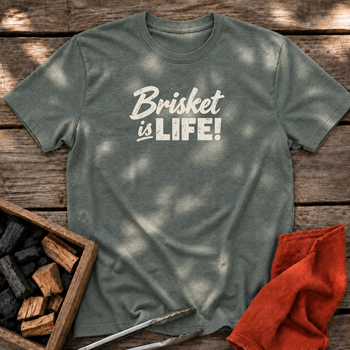 Heather Military Green T-shirt with the design “Brisket is LIFE!” printed on the front.