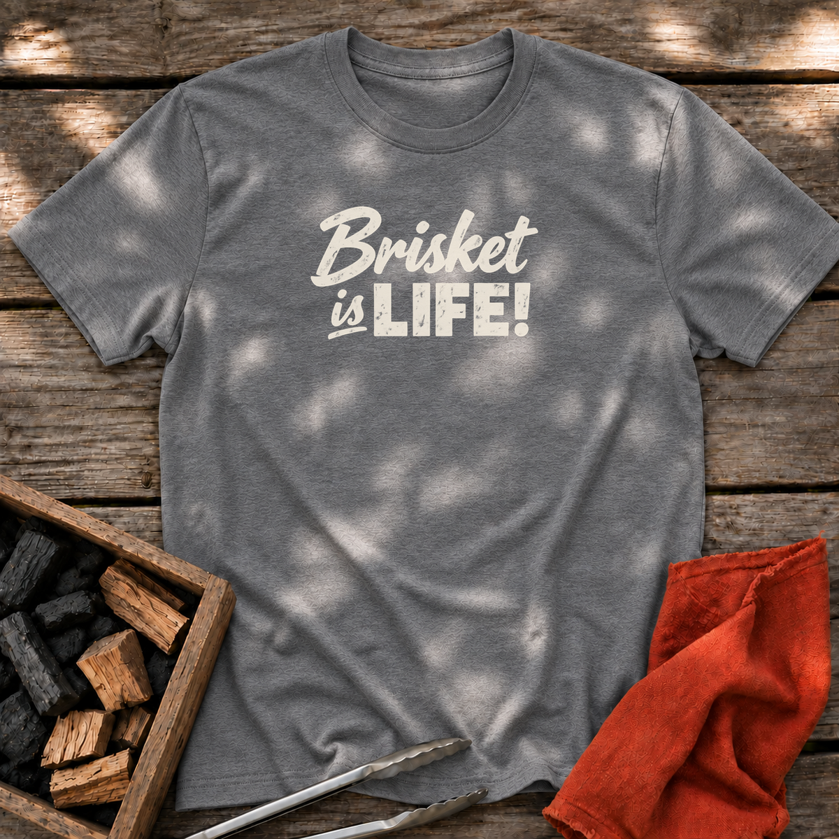 Graphite Heather T-shirt with the design “Brisket is LIFE!” printed on the front.