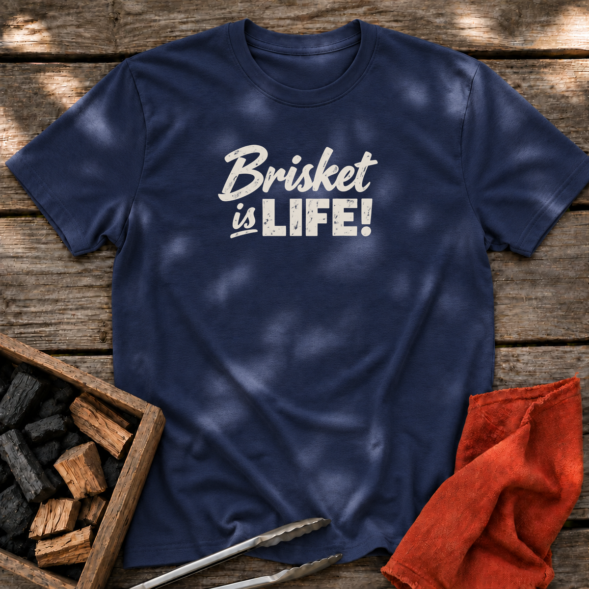 Navy T-shirt with the design “Brisket is LIFE!” printed on the front.