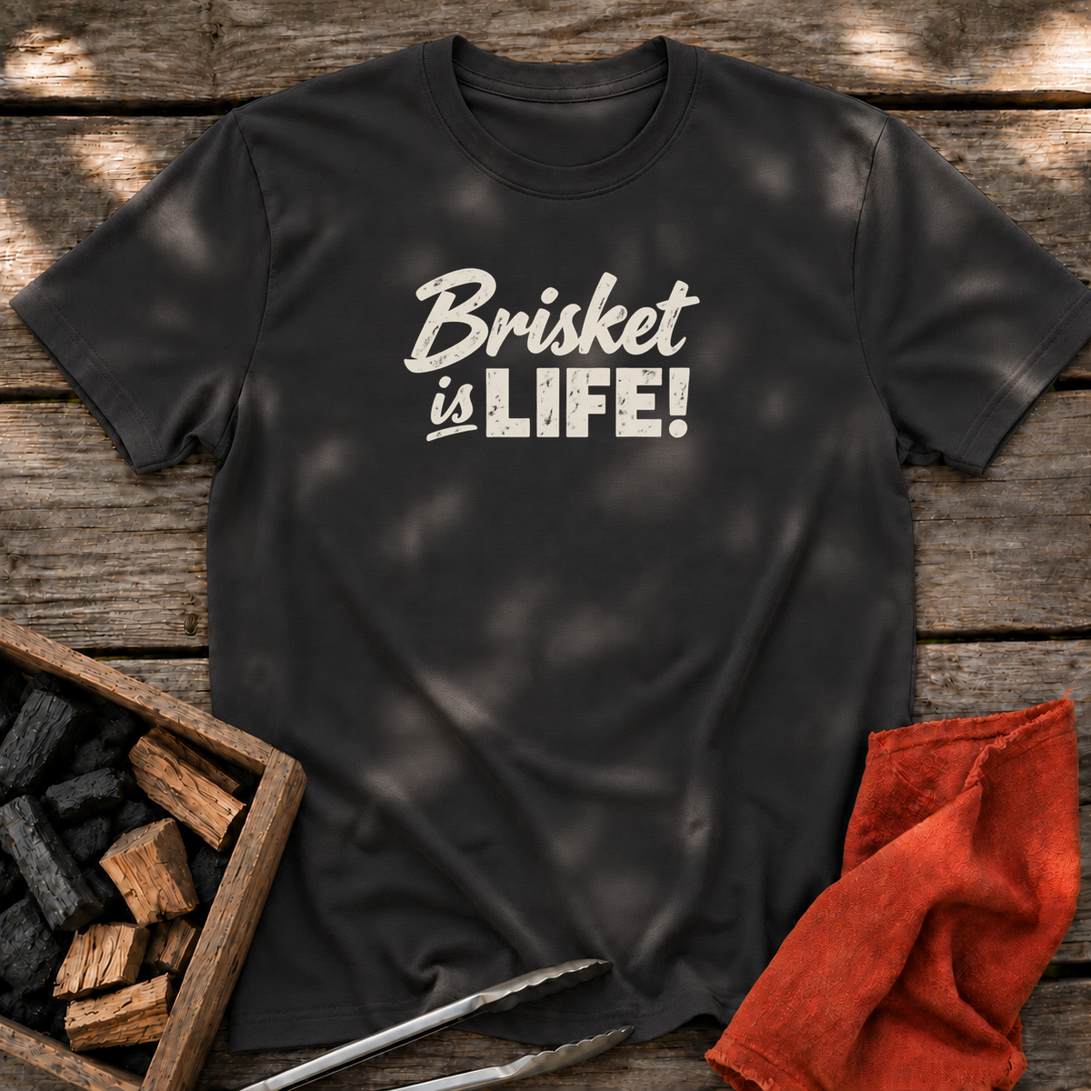 Black T-shirt with the design “Brisket is LIFE!” printed on the front.