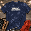 Navy T-shirt with the design “WARNING: May burst into spontaneous song around grilled bratwurst, peppers and onions.” printed on the front.