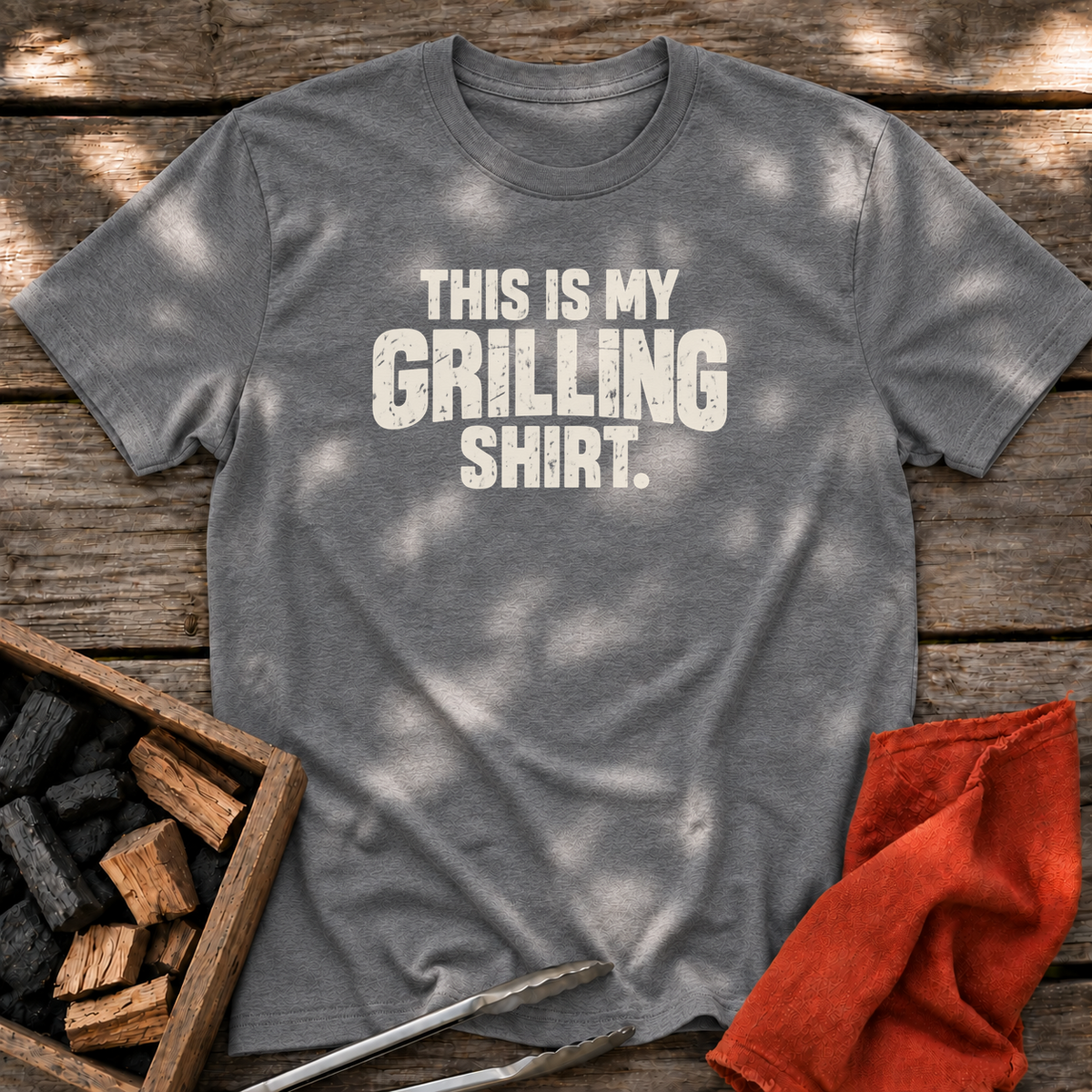 Graphite Heather T-shirt with the design “This is My Grilling Shirt.” printed on the front.