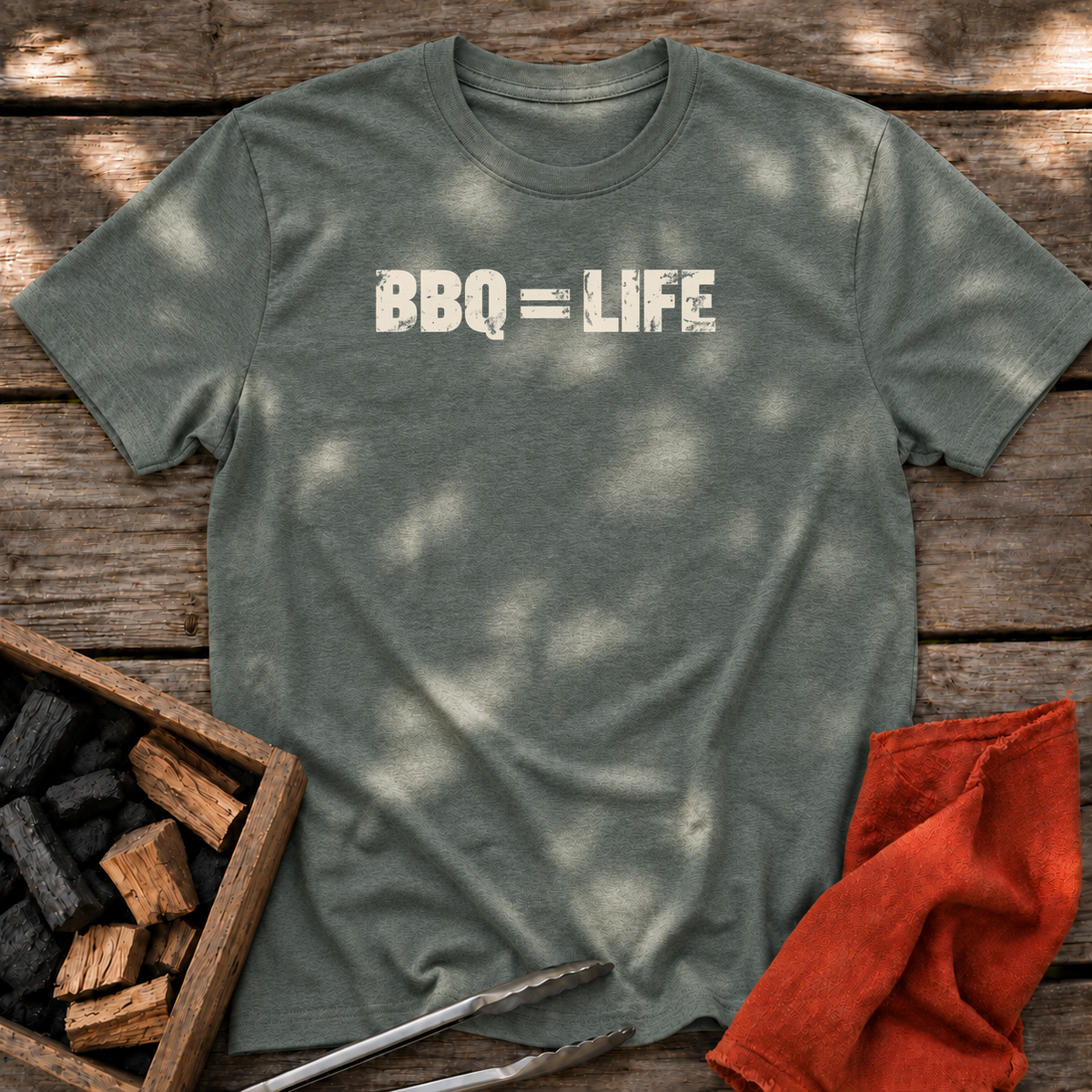 Heather Military Green T-shirt with the design “BBQ = LIFE” printed on the front.