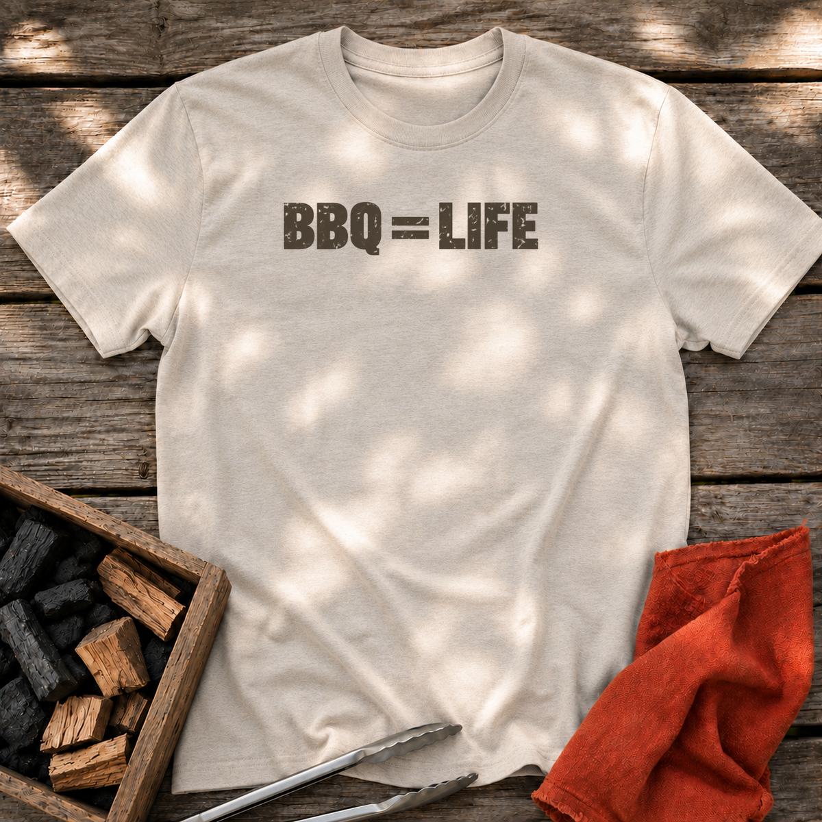 Natural T-shirt with the design “BBQ = LIFE” printed on the front.