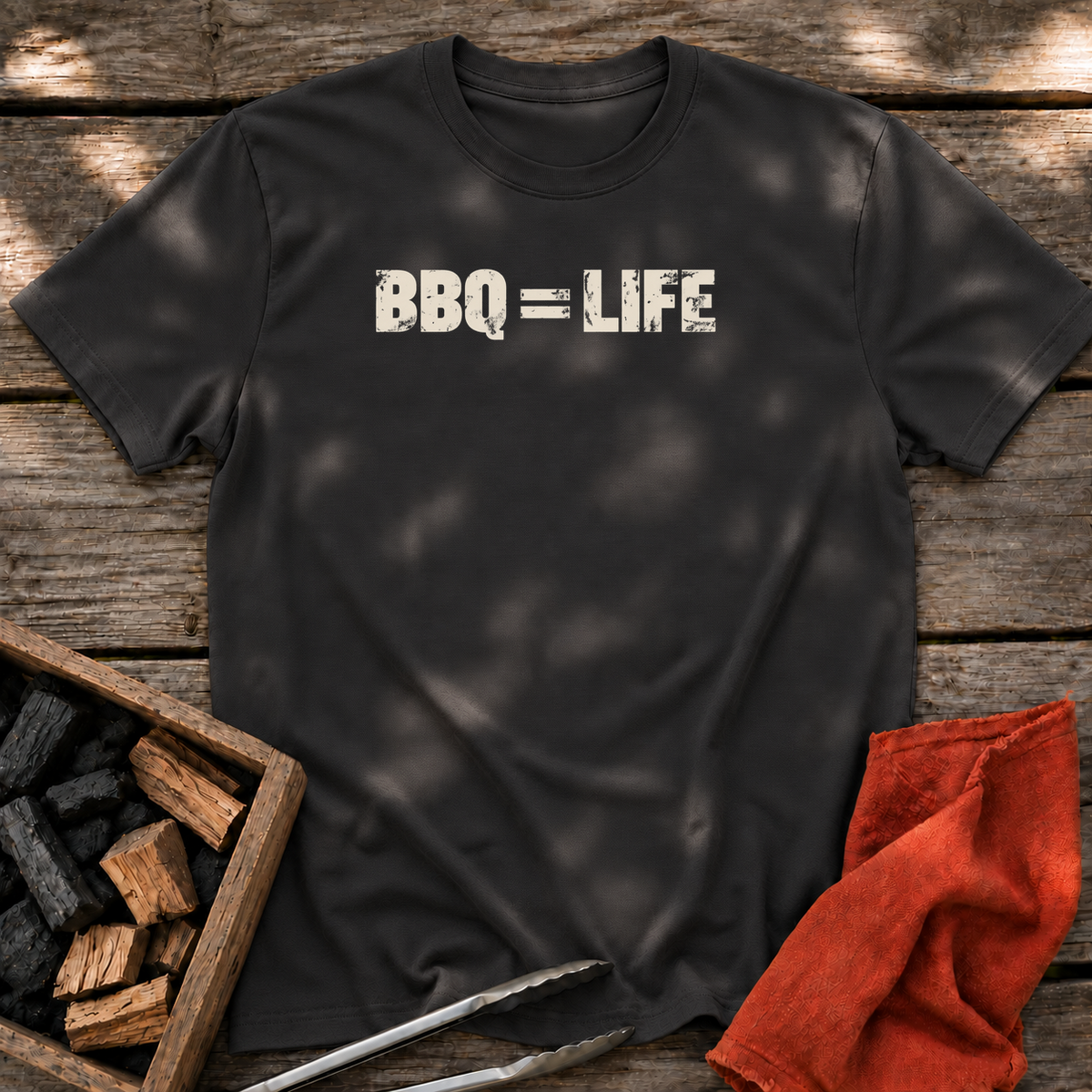 Black T-shirt with the design “BBQ = LIFE” printed on the front.