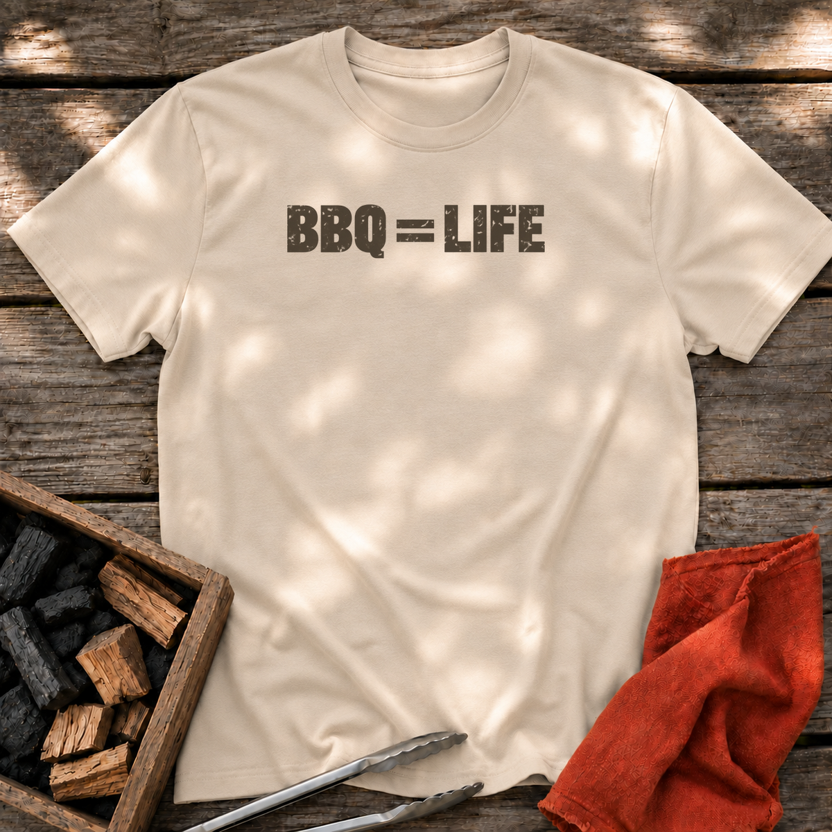 Sand T-shirt with the design “BBQ = LIFE” printed on the front.