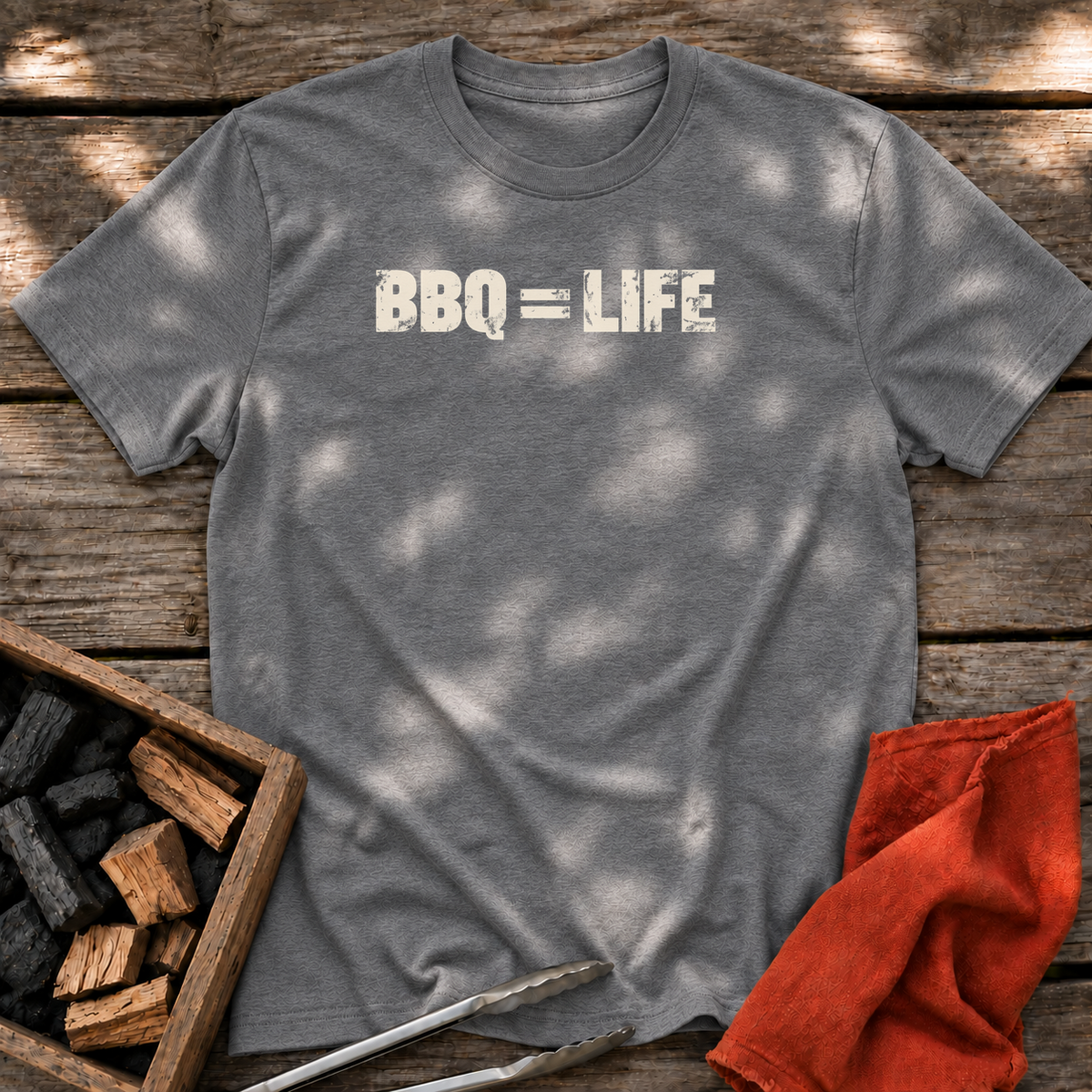 Graphite Heather T-shirt with the design “BBQ = LIFE” printed on the front.