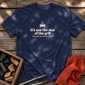 Navy T-shirt with the design “it's not the size of the grill (it's what you can do with it)” printed on the front.