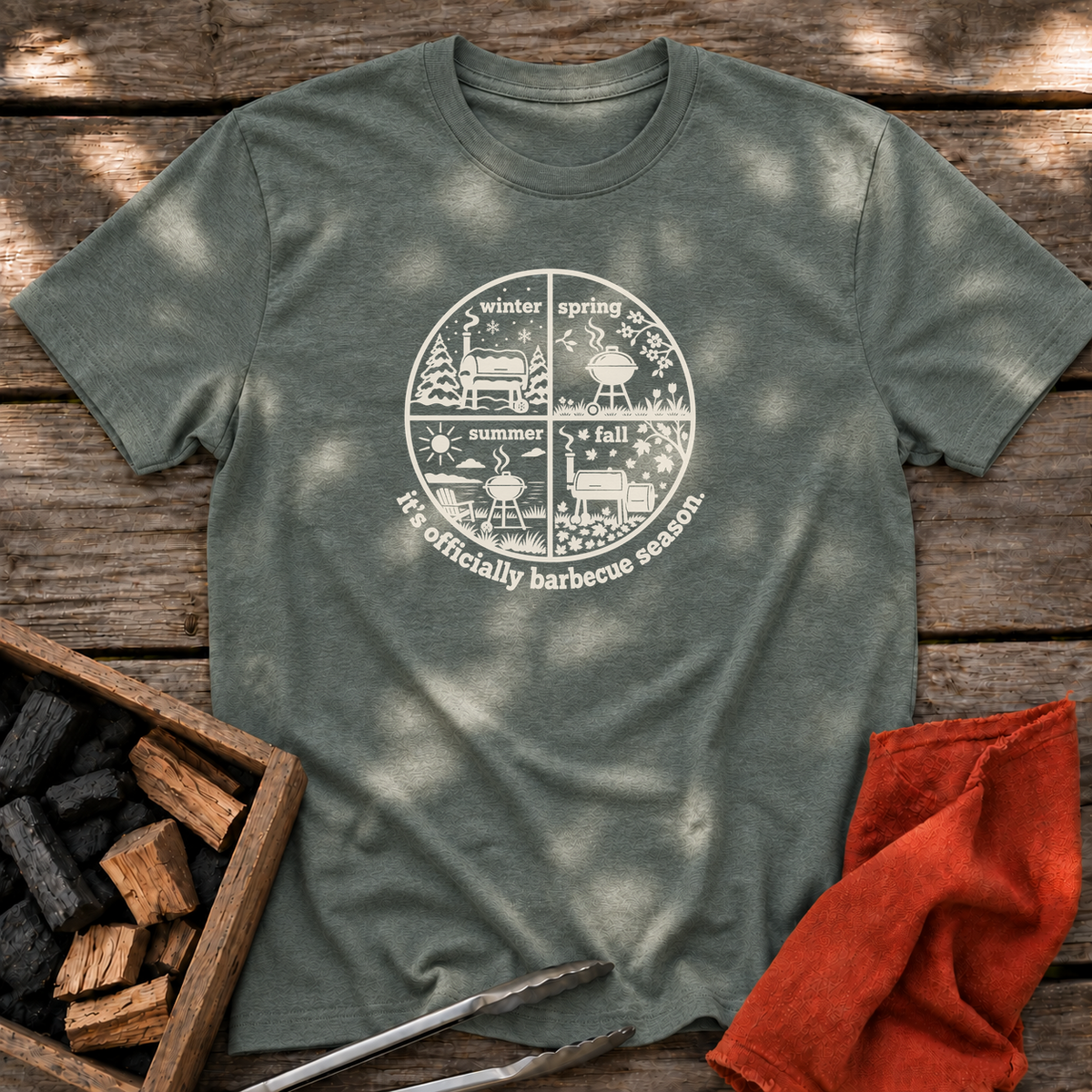 Heather Military Green T-shirt with the design “it's officially barbecue season” printed on the front.