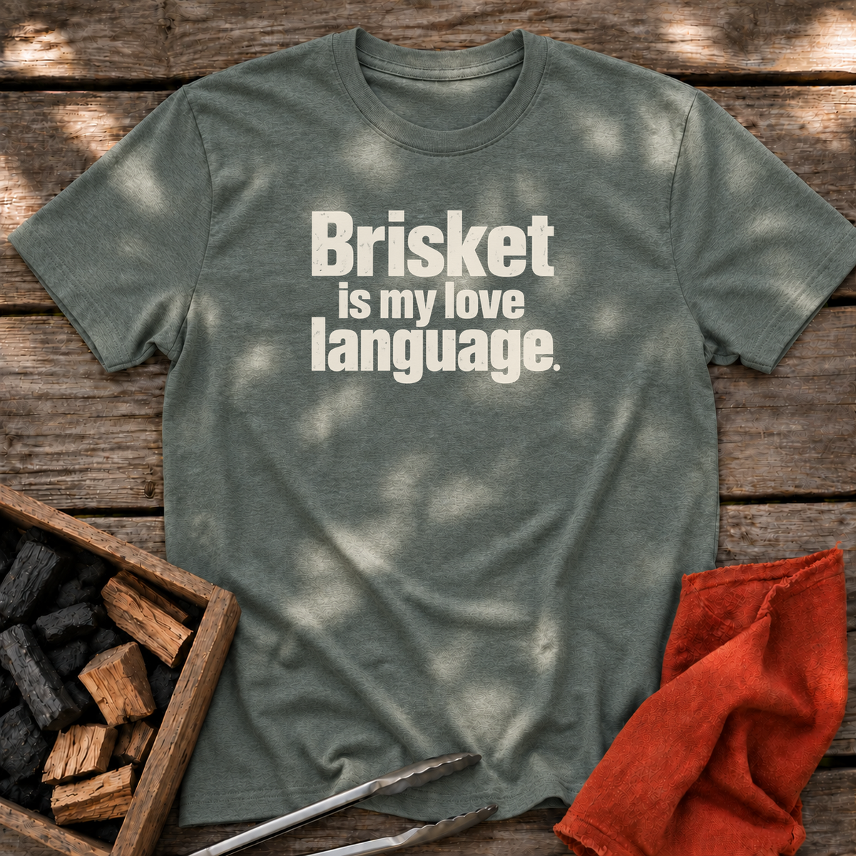 Heather Military Green T-shirt with the design “Brisket is my love language.” printed on the front.